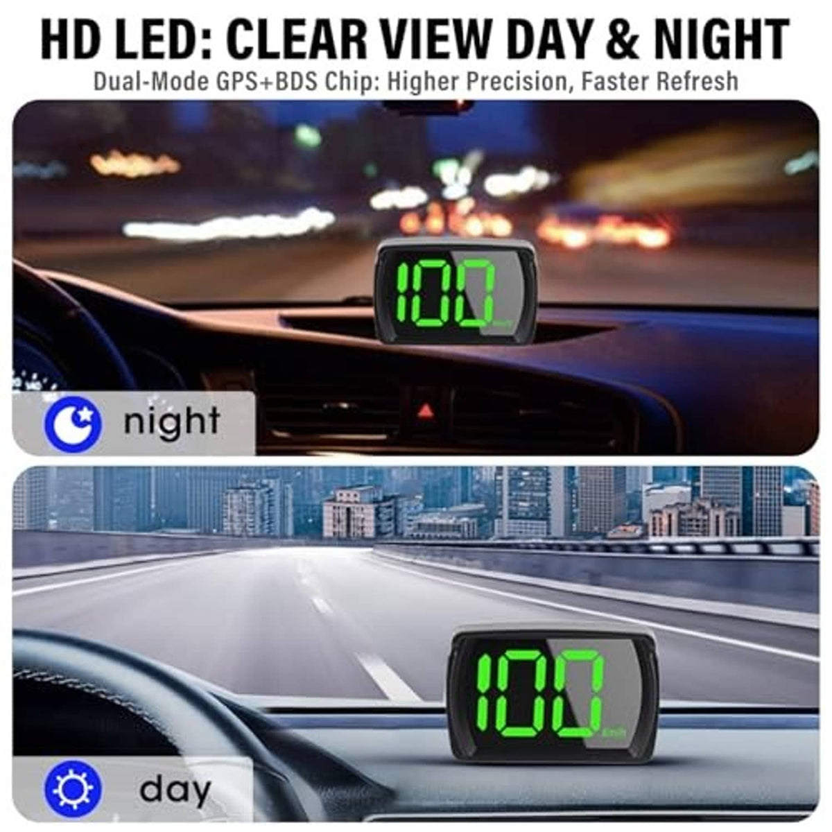 Black HUD speedometer with bright green digits, mounted in car for clear viewing