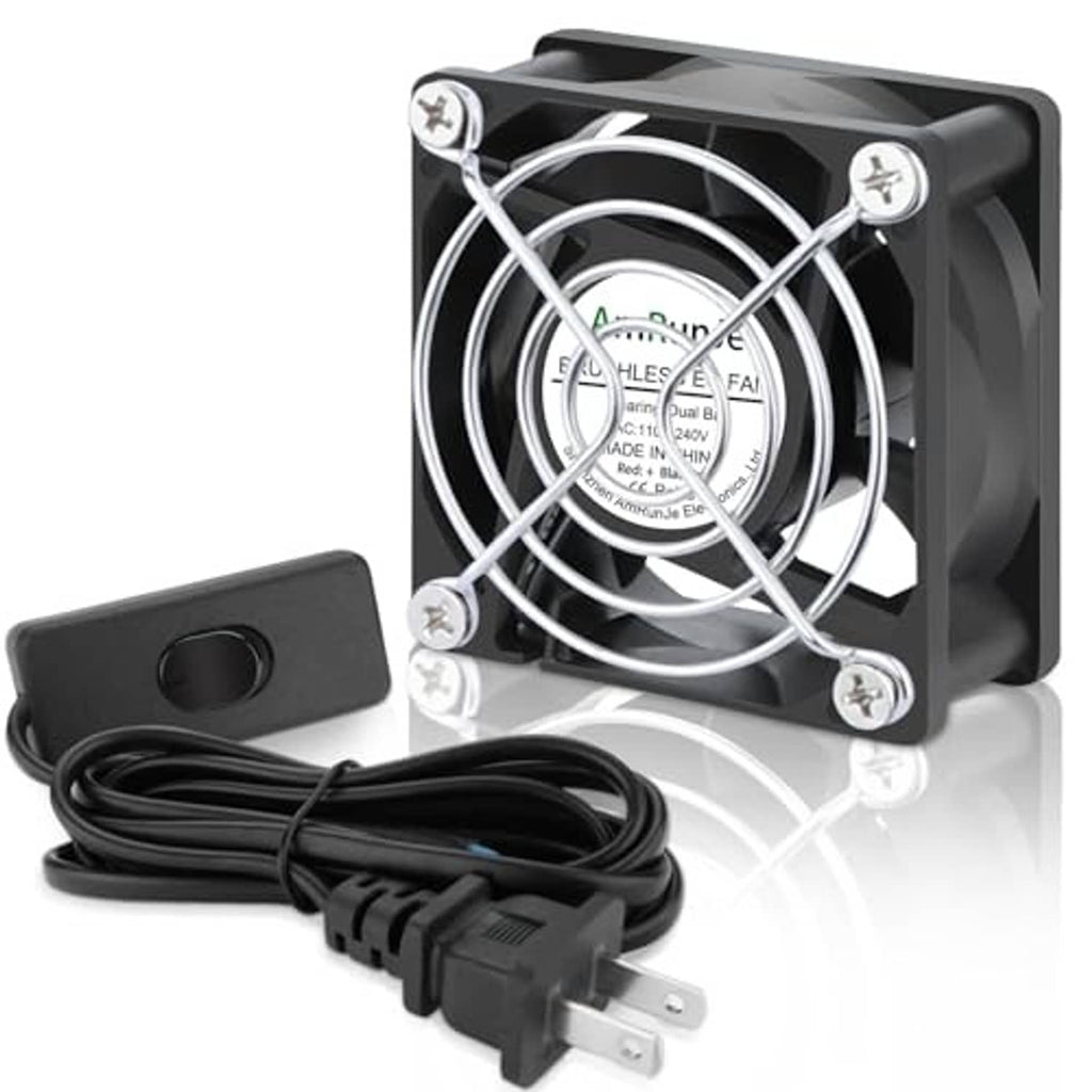 Small square DC cooling fan with power cord and control switch, black housing