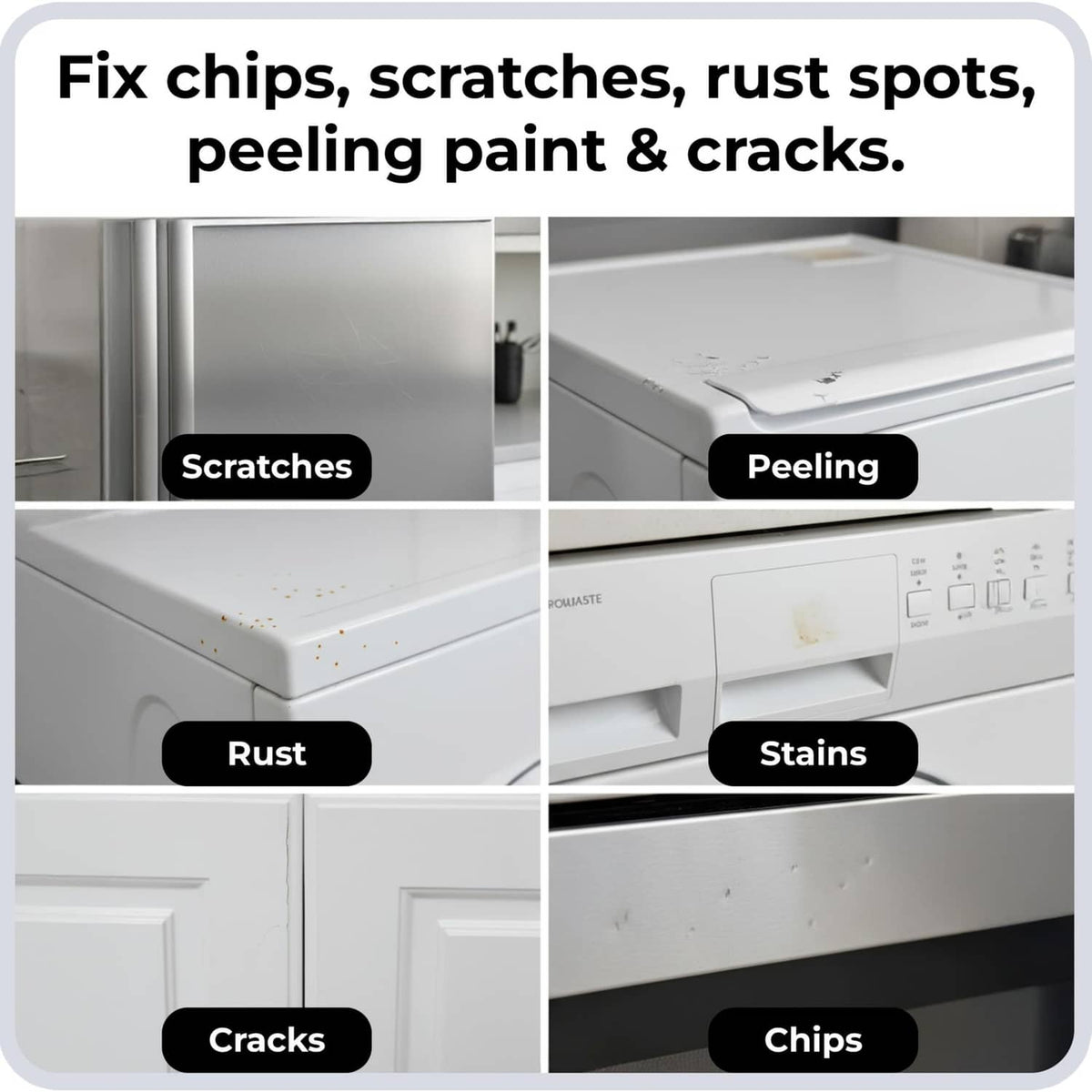 Damage-repair info panel listing scratches, peeling, rust, stains, chips, and cracks.