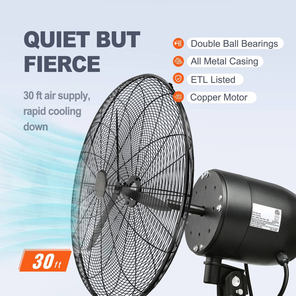 Black wall-mount misting fan with wire grille and gray misting motor housing