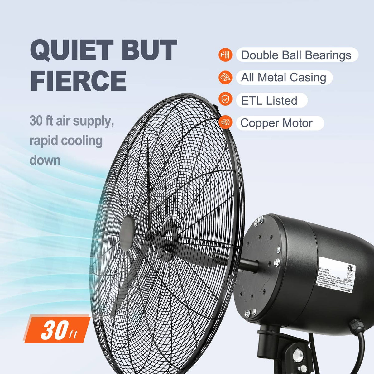 Black wall-mount misting fan with wire grille and gray misting motor housing