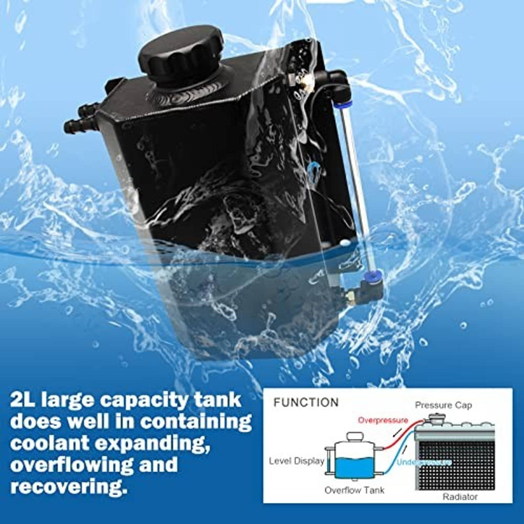Black coolant overflow tank for radiator systems with cap and two blue outlet lines