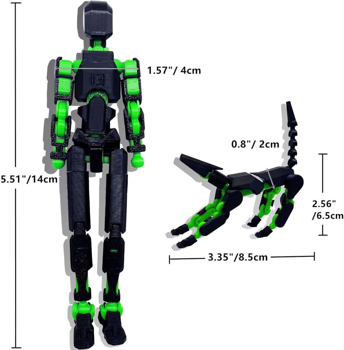Robot action figure set with tall dark-and-green figure, kneeling figure, and weapon parts