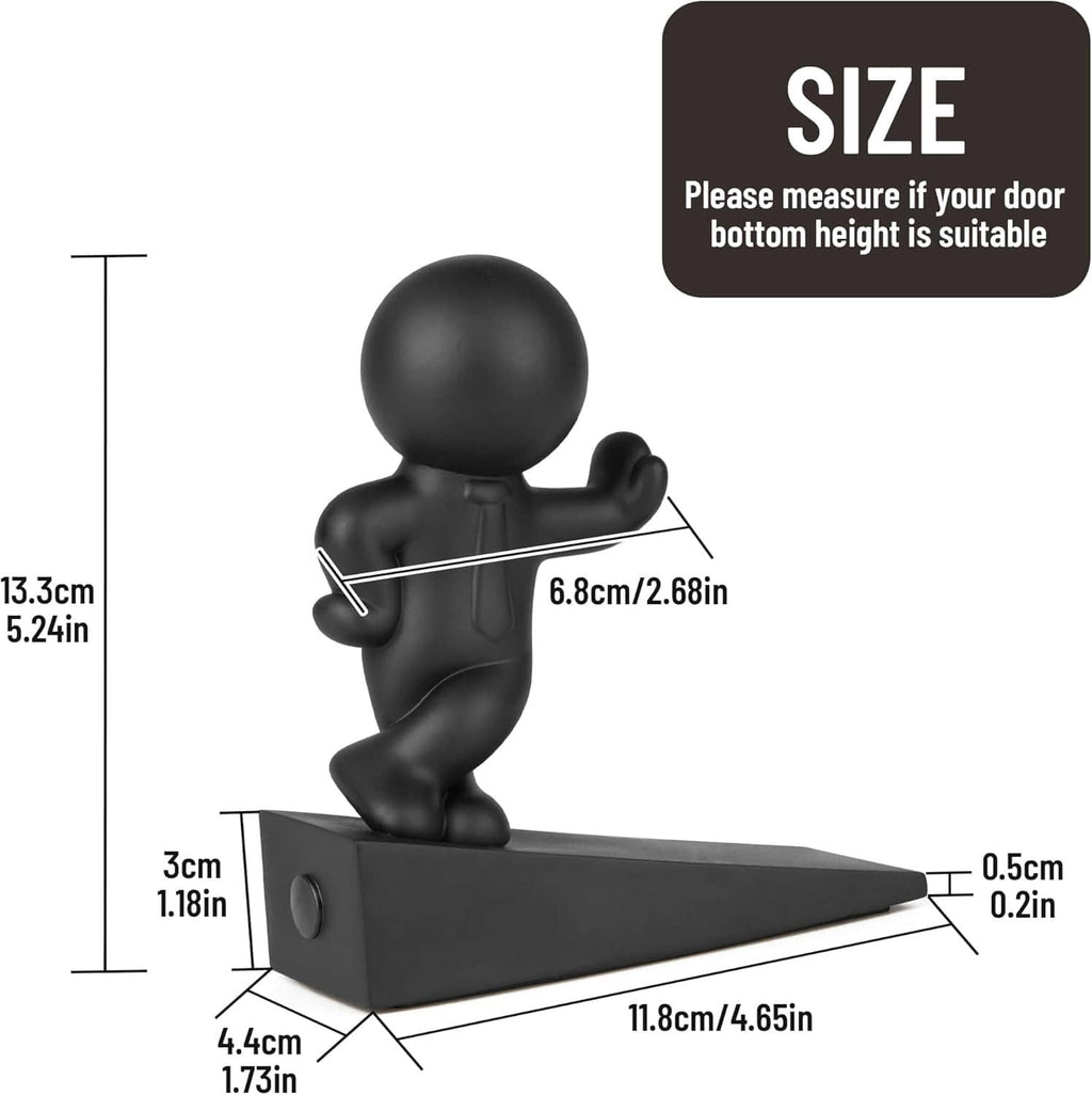 Black door stop dimensions diagram with character figure on rectangular base.