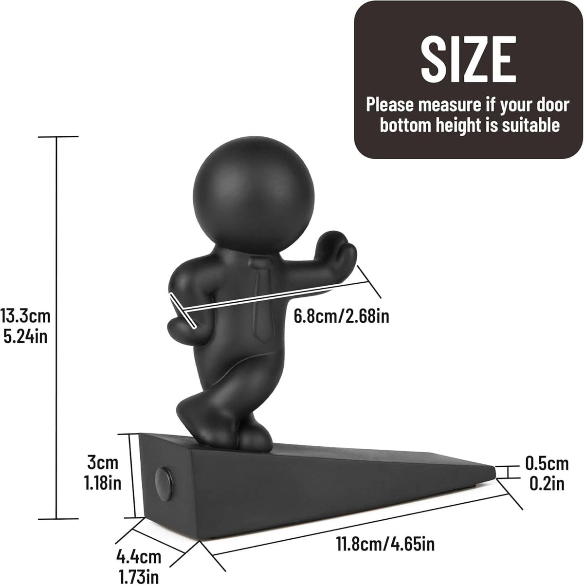 Black door stop dimensions diagram with character figure on rectangular base.