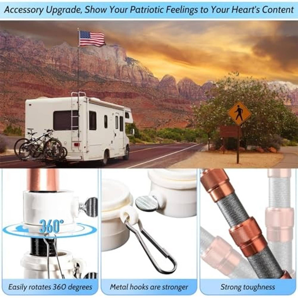RV flag pole kit with 360° rotating black holder and reinforced metal hooks