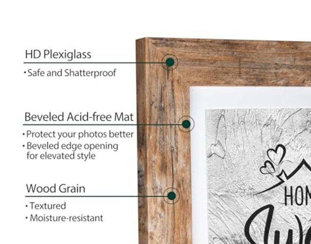 Rustic brown wood photo frame with clear protective cover and beveled mat