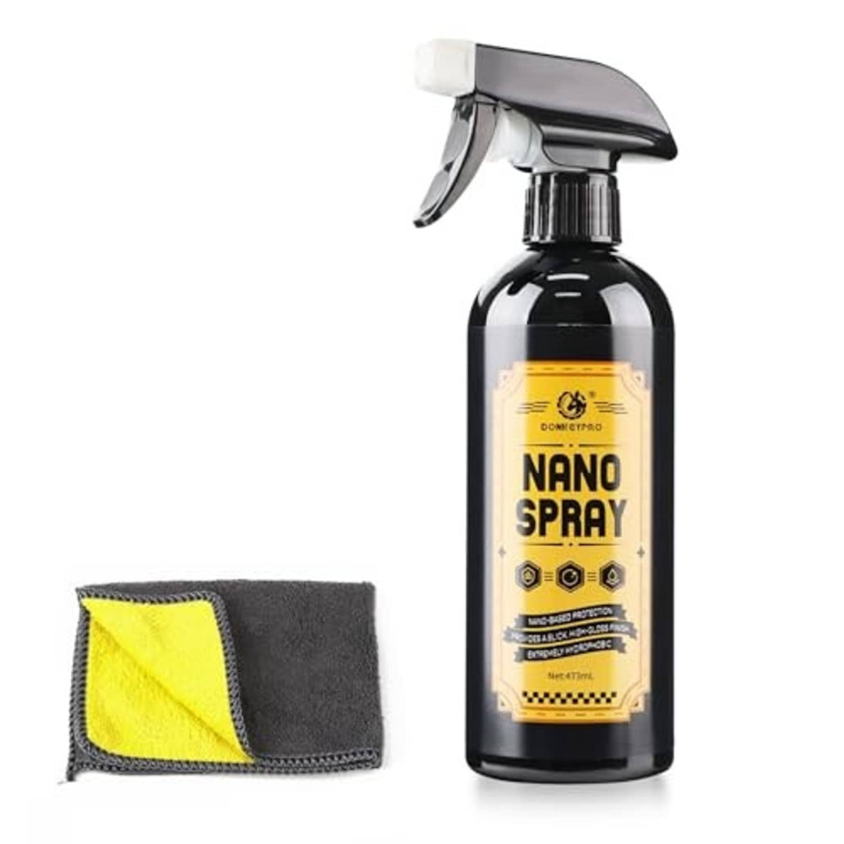 Nano spray bottle with trigger, with label facing forward and microfiber cloth