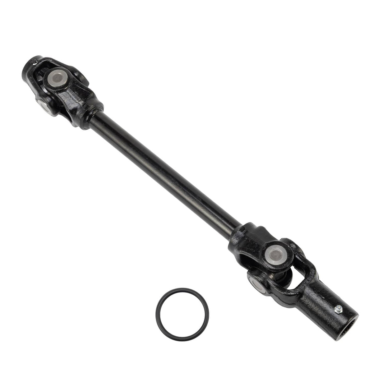 Black rear prop shaft with universal joint ends and O-ring gasket