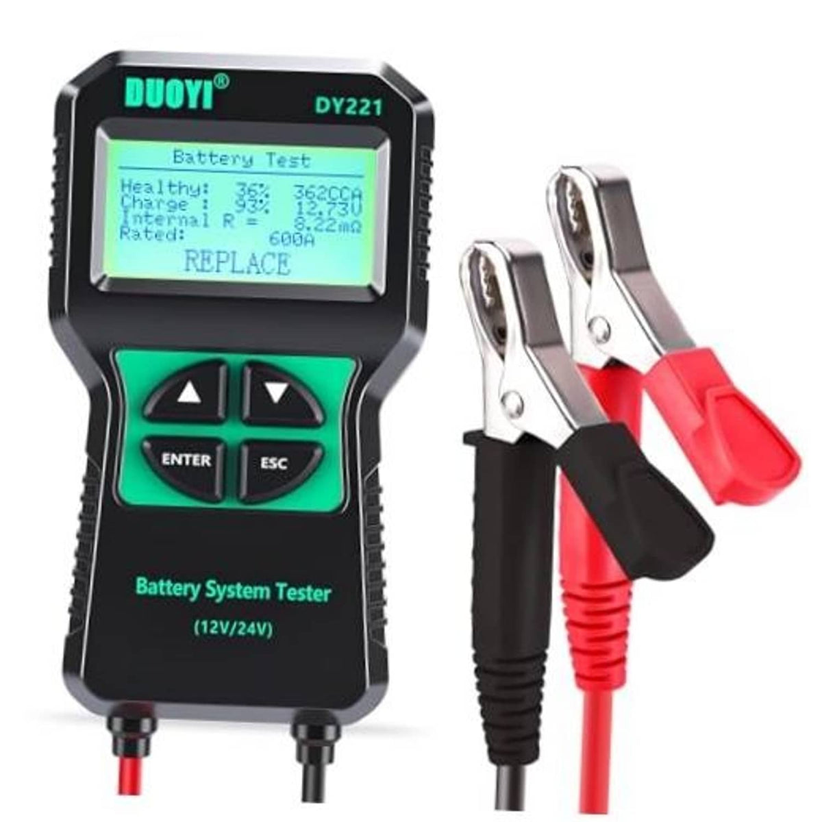 12V/24V battery system tester with digital LCD and red/black clamp leads