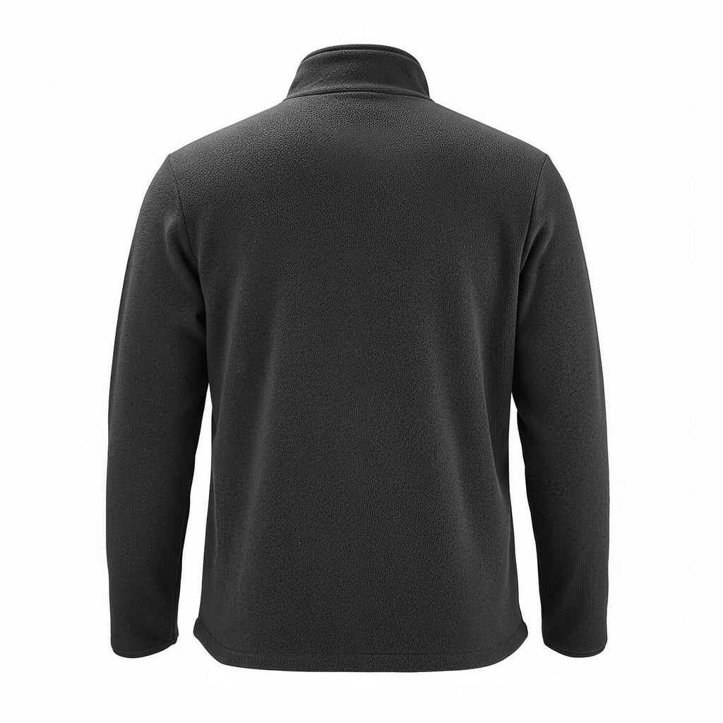 Black heated fleece jacket back view with full-zip and stand collar