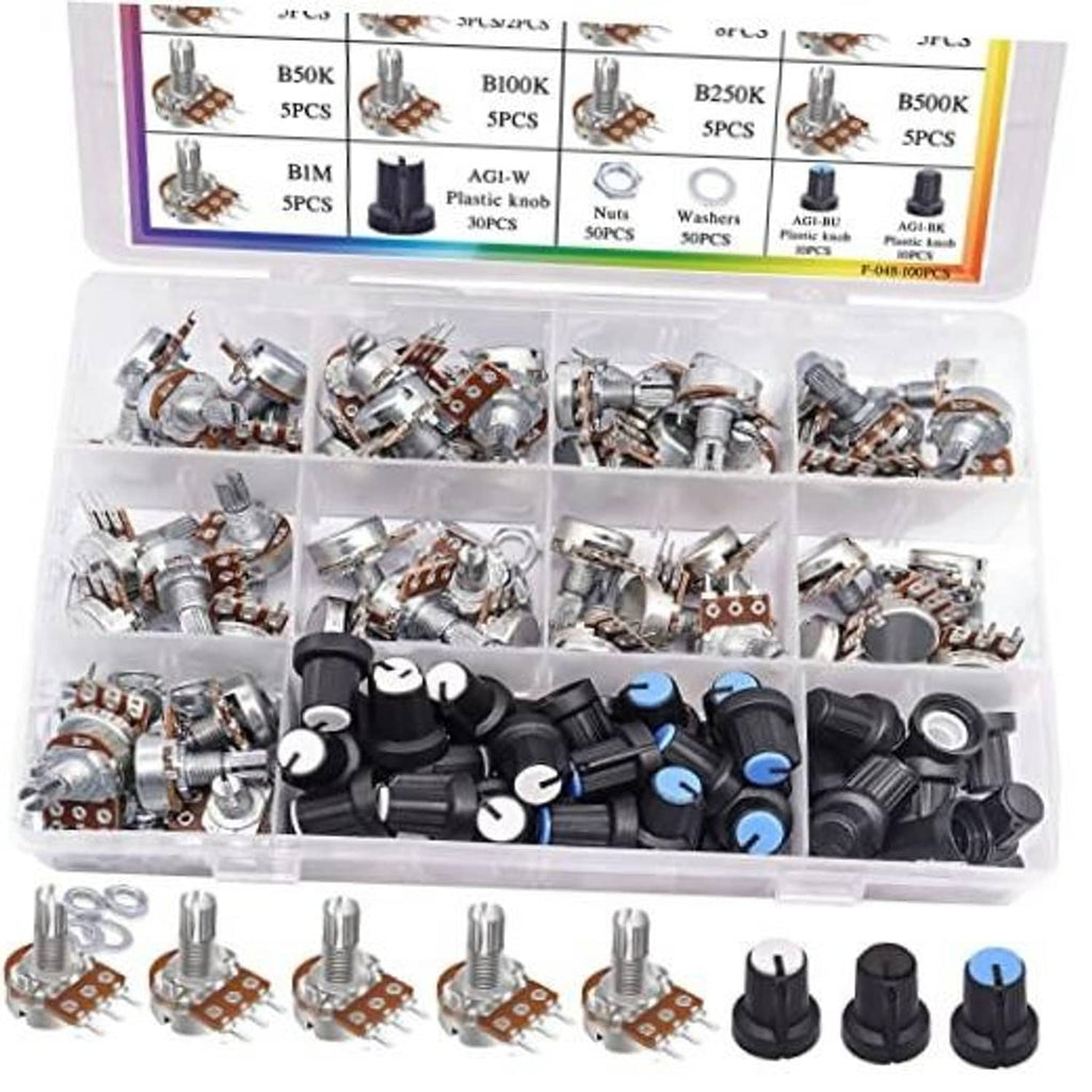 Potentiometer kit assortment in clear case with multiple rotary knobs and parts