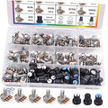 Potentiometer kit assortment in clear case with multiple rotary knobs and parts