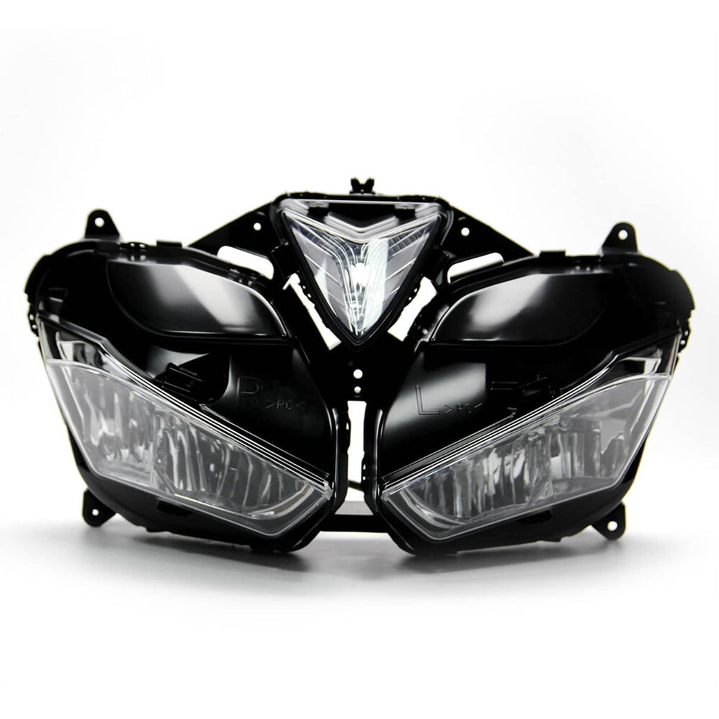 Front headlight assembly, black housing with three clear light sections and mounting tabs.