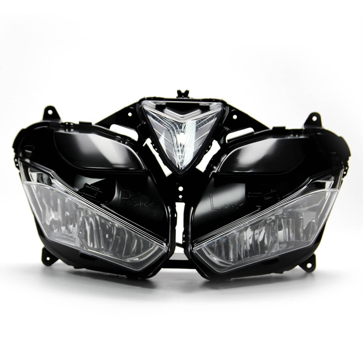Front headlight assembly, black housing with three clear light sections and mounting tabs.