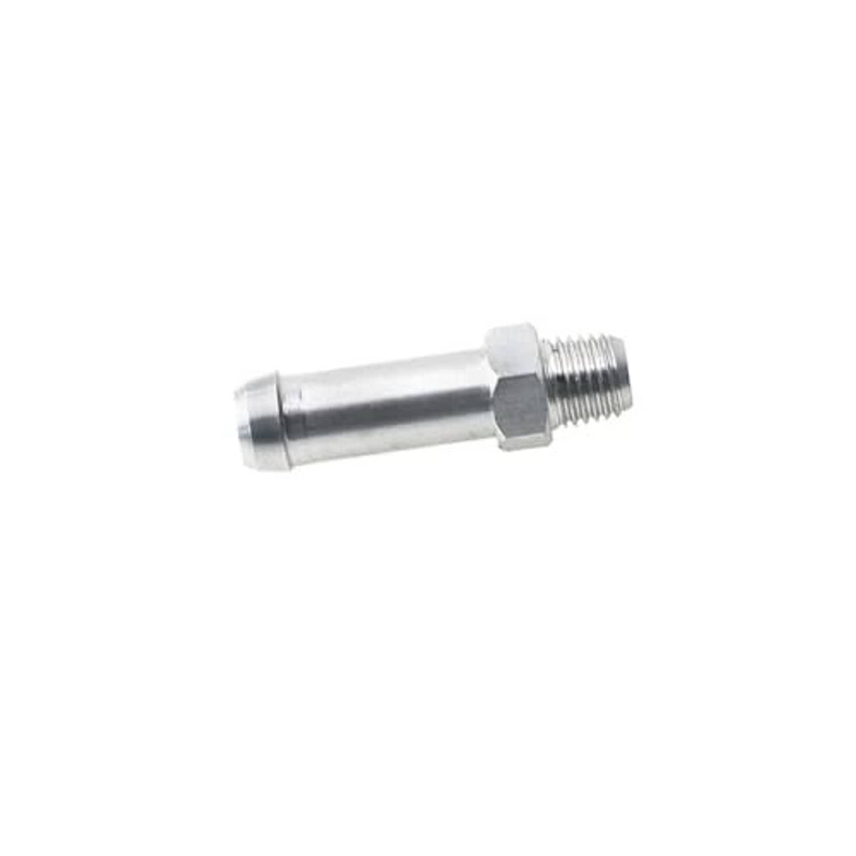 Aluminum hose barb fitting, silver metal with external 1/16 NPT threads