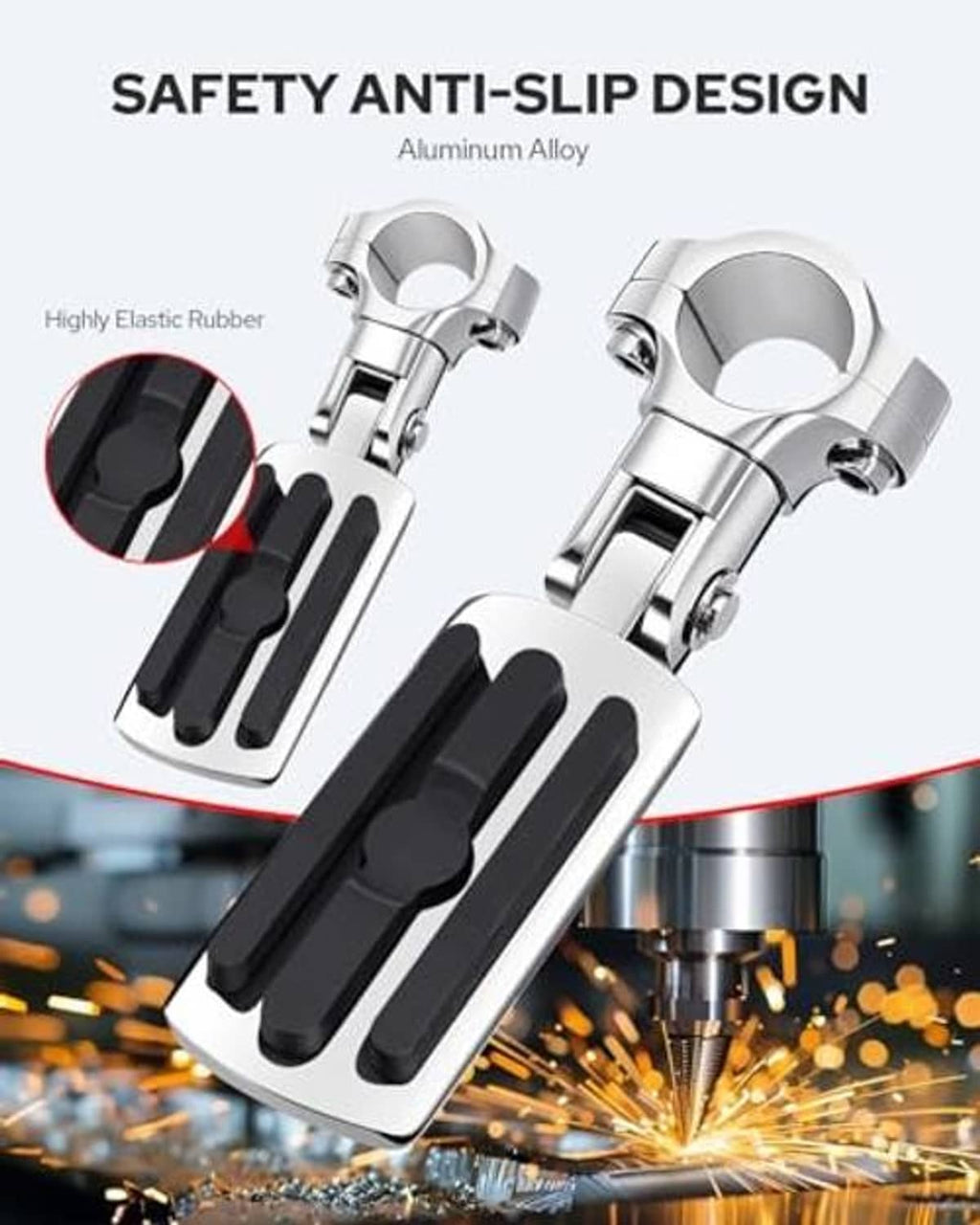 Chrome motorcycle highway peg with black anti-slip rubber pads and mounting bracket