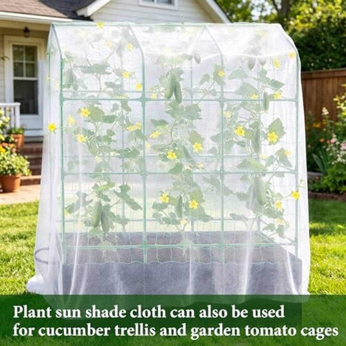 White plant shade tent cover over a garden frame, made of sheer mesh fabric.