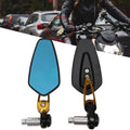 Motorcycle handlebar end mirrors set with blue lenses, black bodies, gold mounting accents