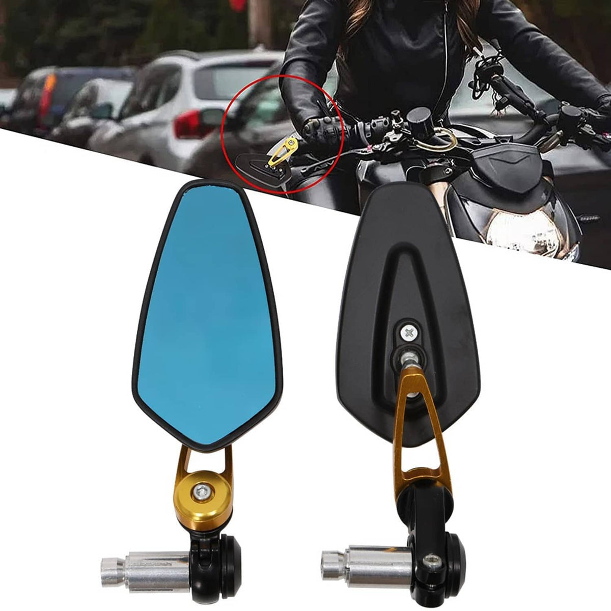 Motorcycle handlebar end mirrors set with blue lenses, black bodies, gold mounting accents