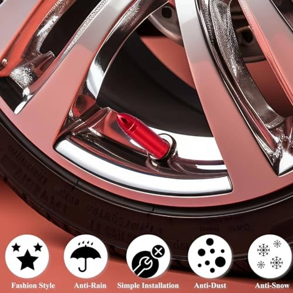 Red bullet valve stem cap on a wheel rim, close-up detail of the metal design