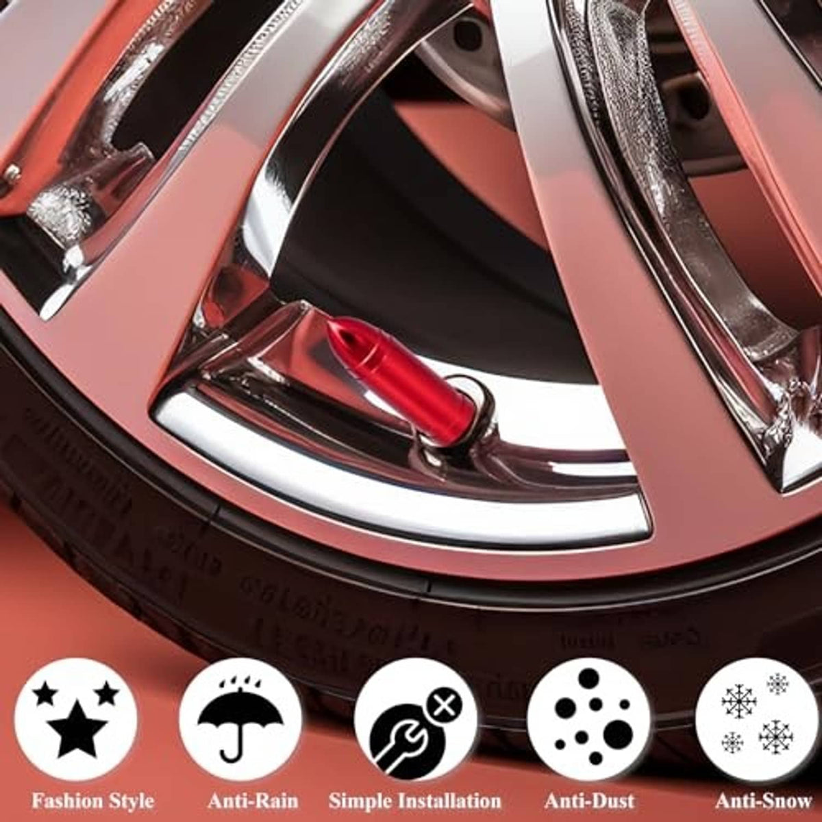 Red bullet valve stem cap on a wheel rim, close-up detail of the metal design