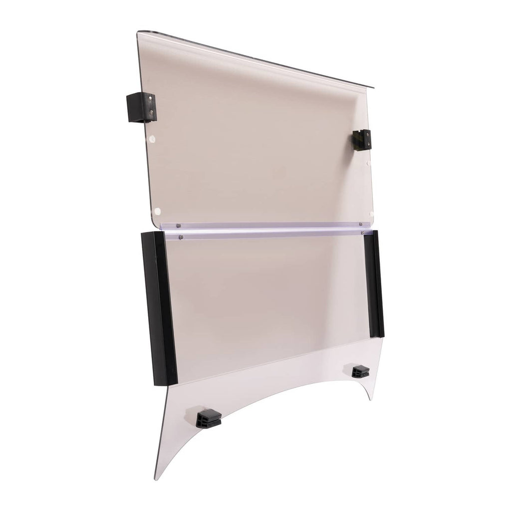 Fold-down tinted windshield with black hinges and clear smoke glass in open position
