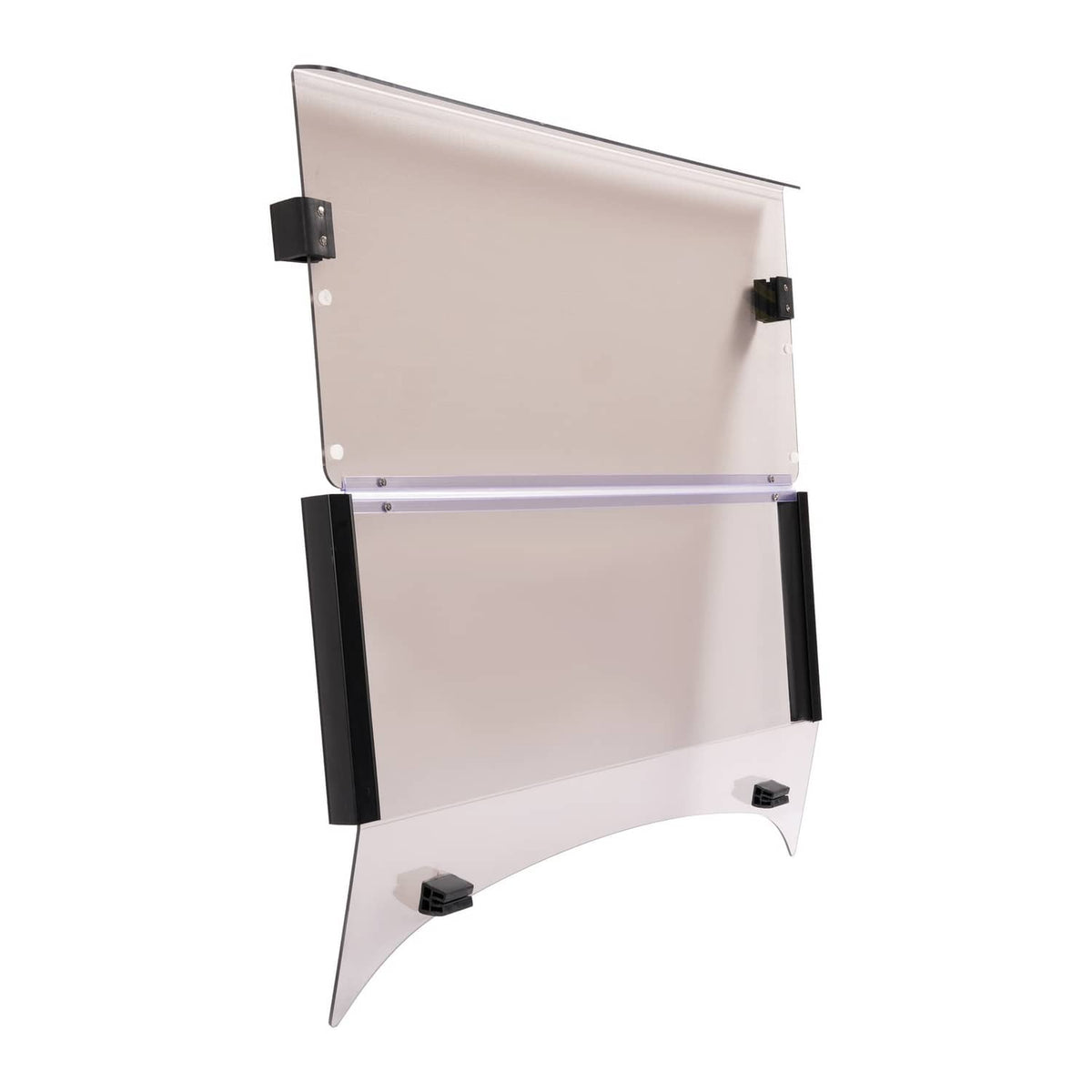 Fold-down tinted windshield with black hinges and clear smoke glass in open position