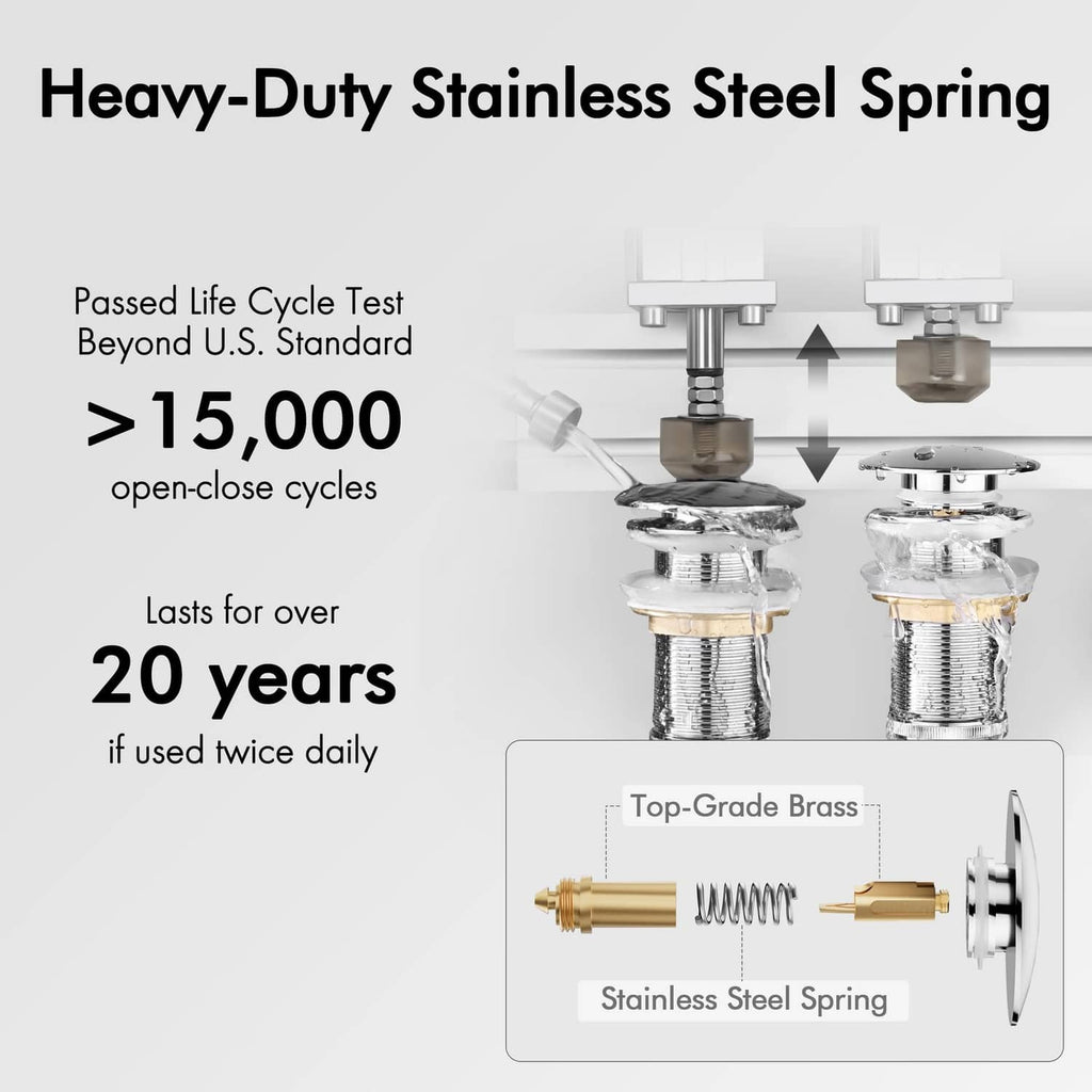 Stainless steel pop-up sink drain with heavy-duty spring and brass inner parts