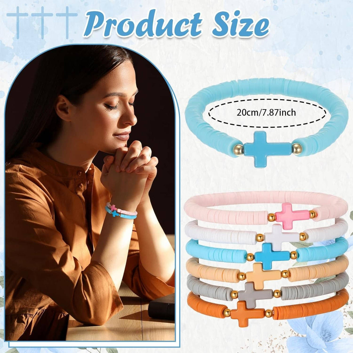 Silicone cross bracelet stack in light blue, pink, tan, and gray with gold cross charms