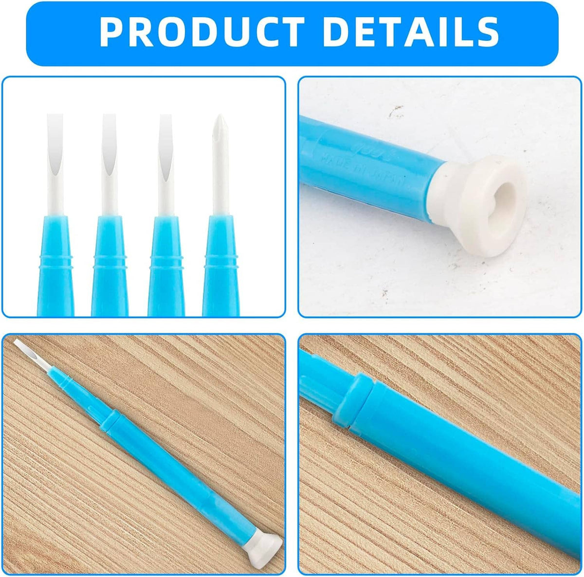 Four slotted screwdrivers showing blue shafts, white ends, and slotted bits
