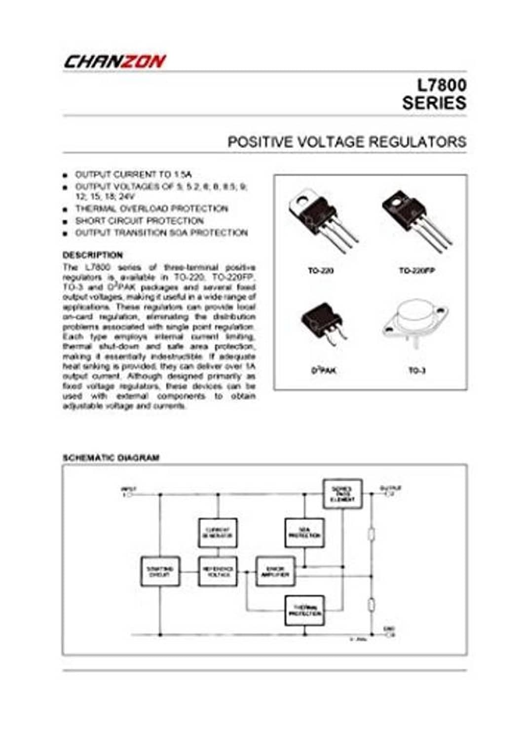 L7800 series positive voltage regulators data sheet page with pin diagrams and specs