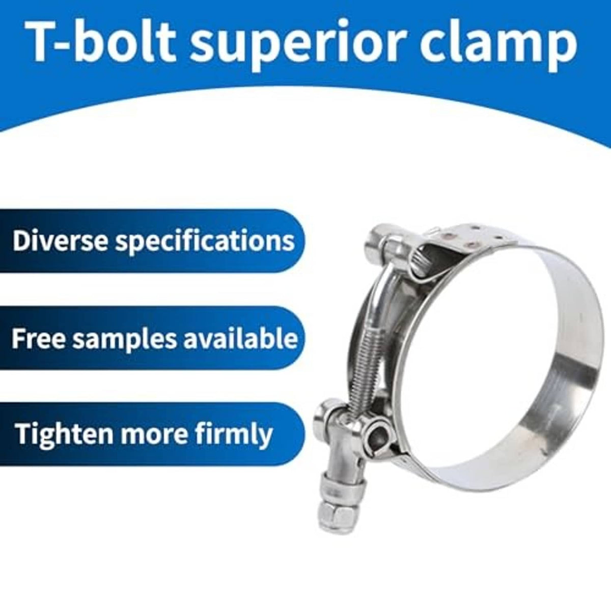 Stainless steel T-bolt hose clamp with screw bolt and perforated tightening plate