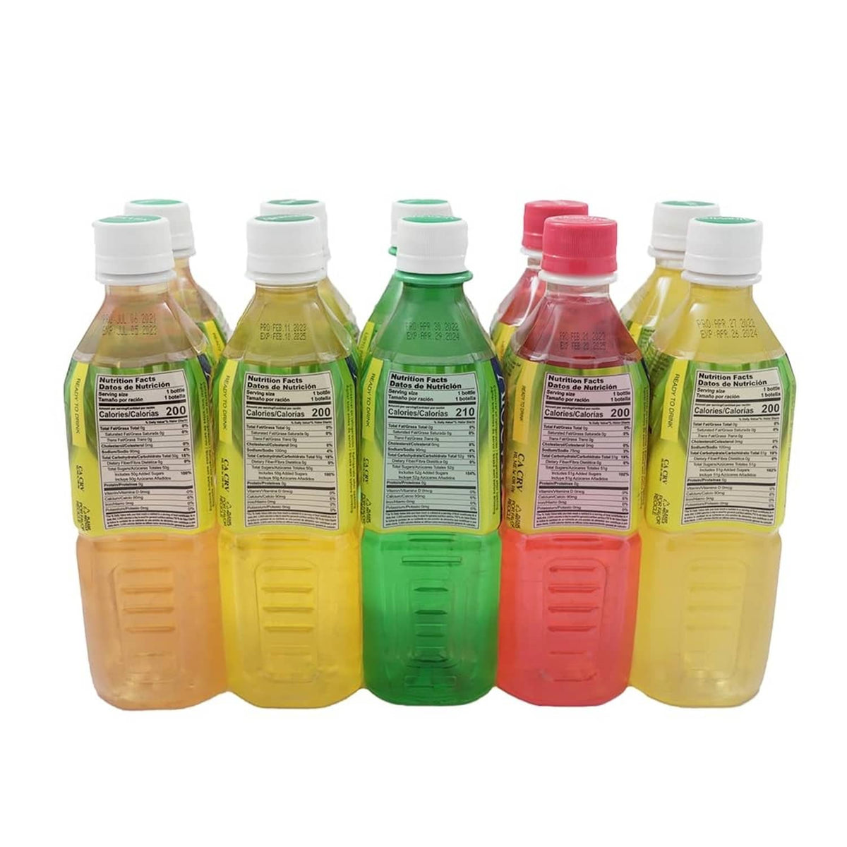 Aloe vera drink bottles multipack showing back labels on yellow, green, red, and pink bottles