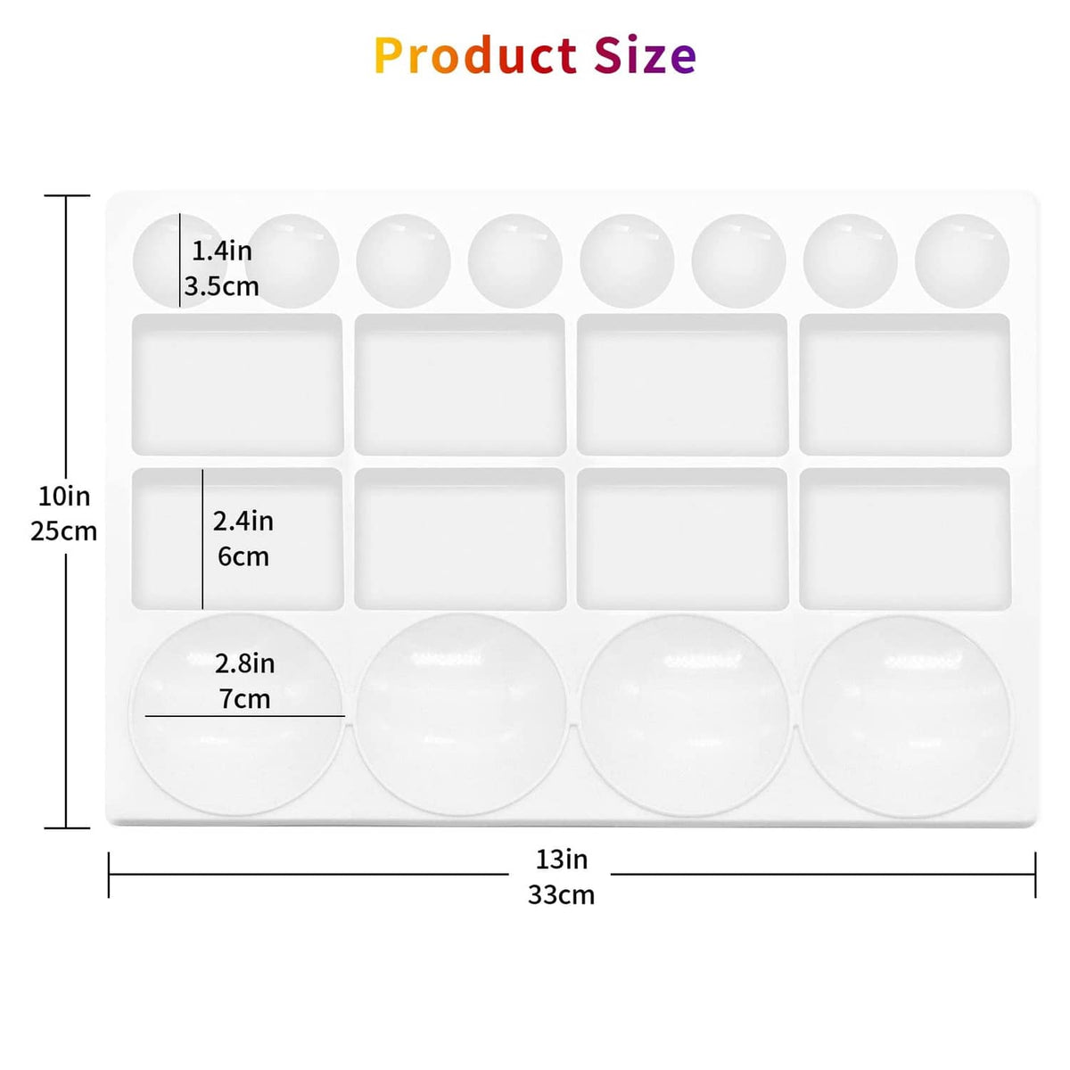 White watercolor paint tray palette with 10 x 25 cm layout and round wells