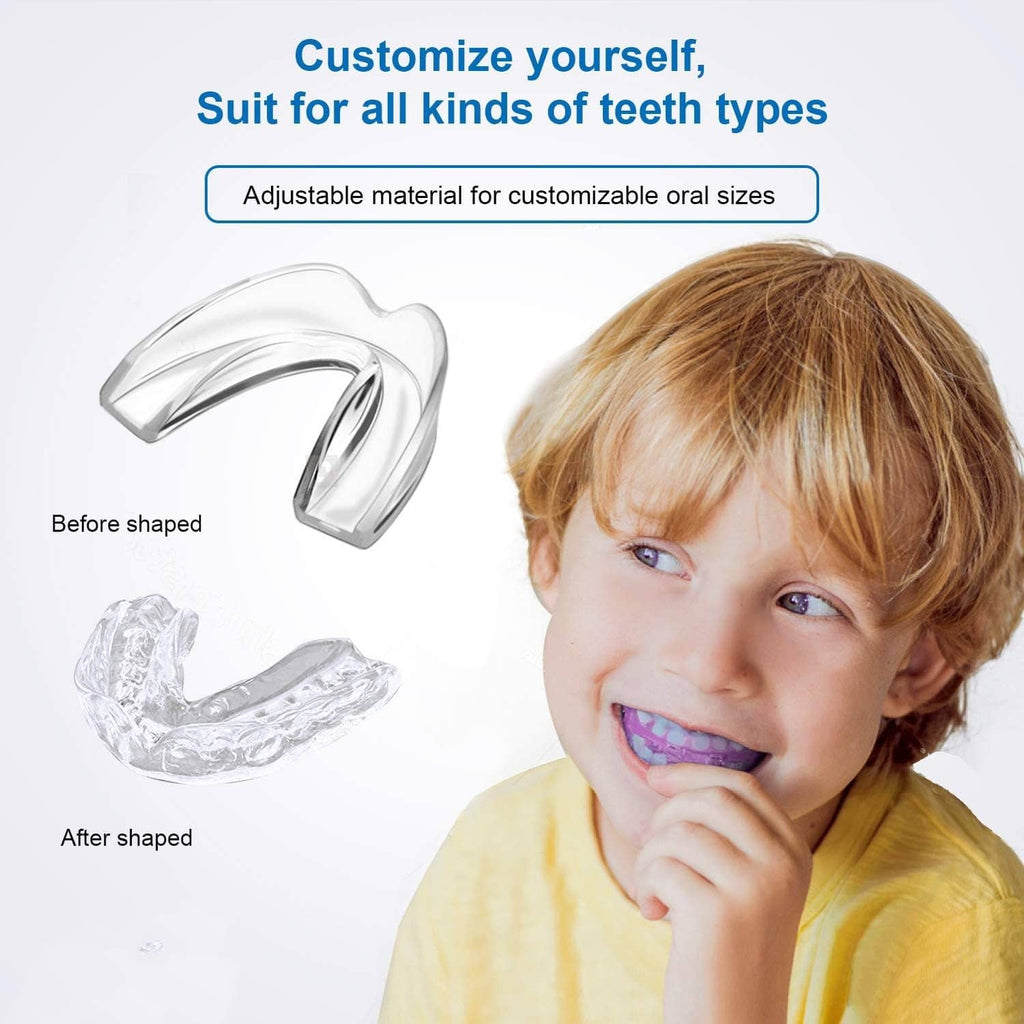 Kids mouth guard shown on a child’s teeth, with before-and-after tray shape