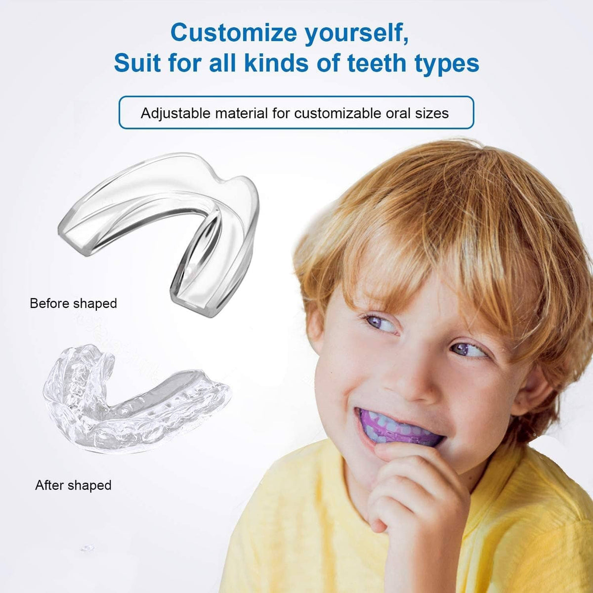 Kids mouth guard shown on a child’s teeth, with before-and-after tray shape