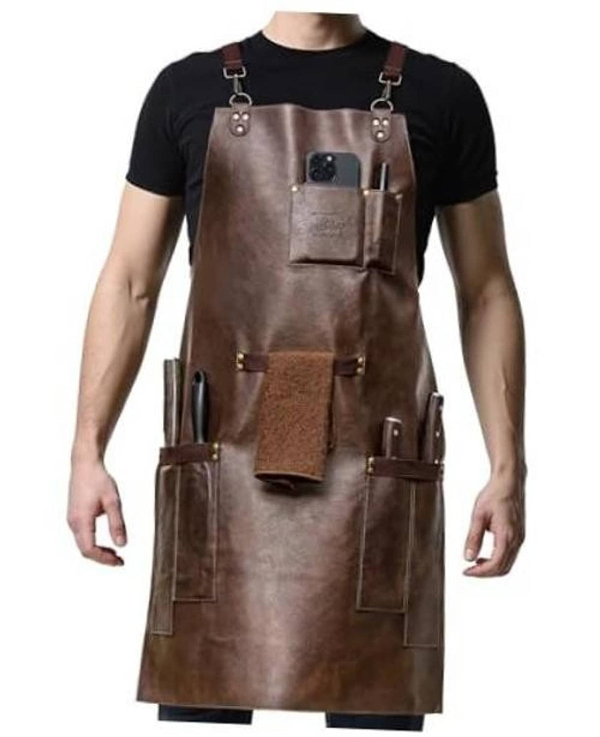 Brown synthetic leather chef apron with cross-back straps and multiple tool pockets, phone slot