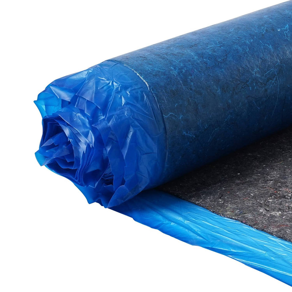 Rolled blue floor underlayment with vapor barrier film, 3mm recycled fiber, textured