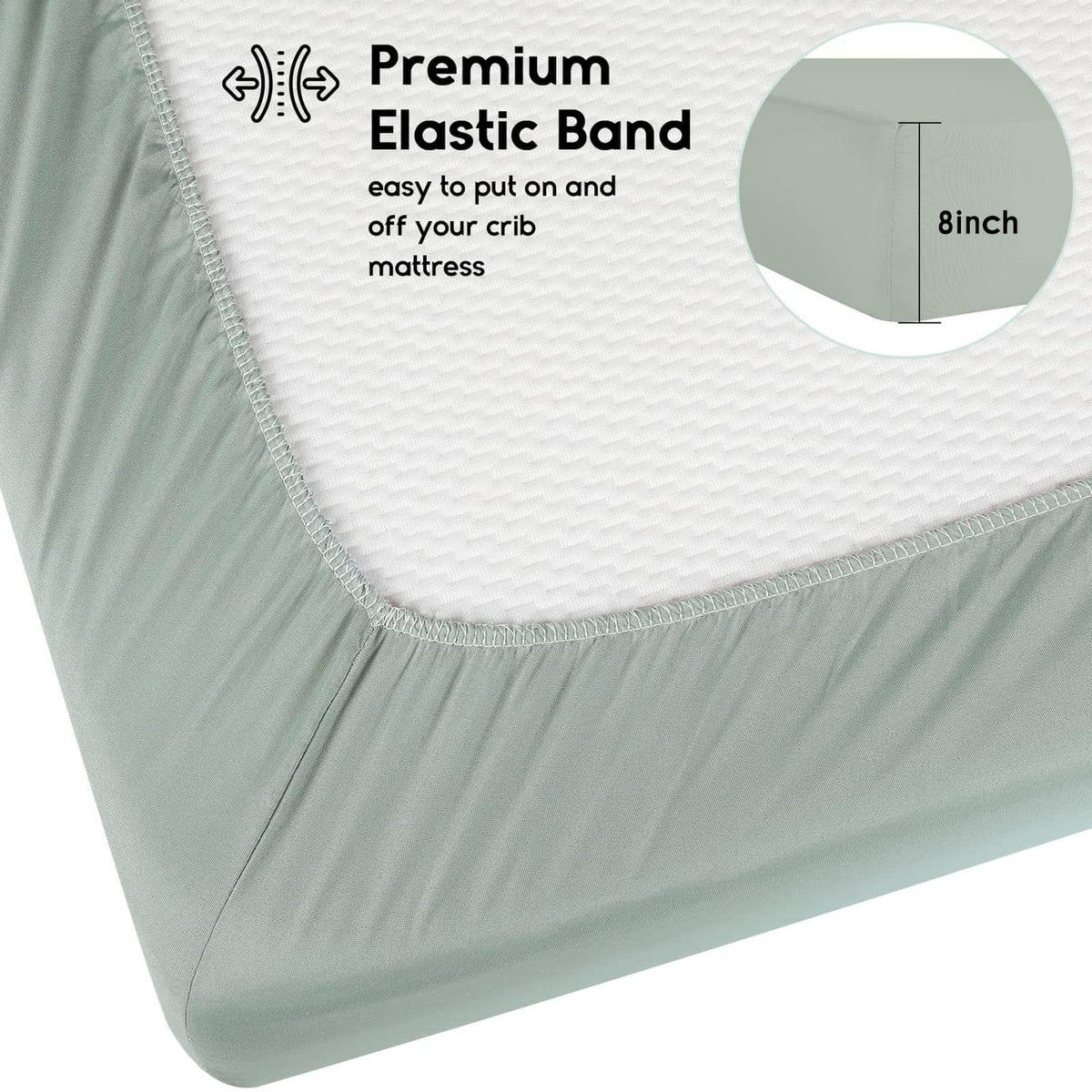 Fitted crib sheet edge with textured fabric and elastic hem; light green and white