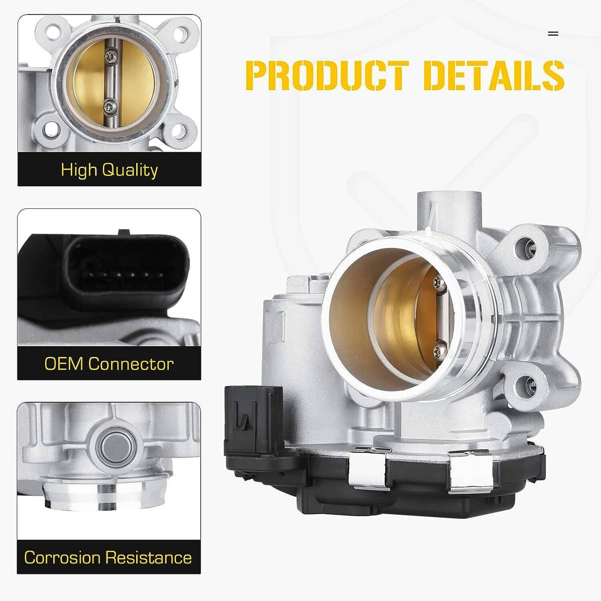 Throttle body product details collage with silver housing and circular throttle opening