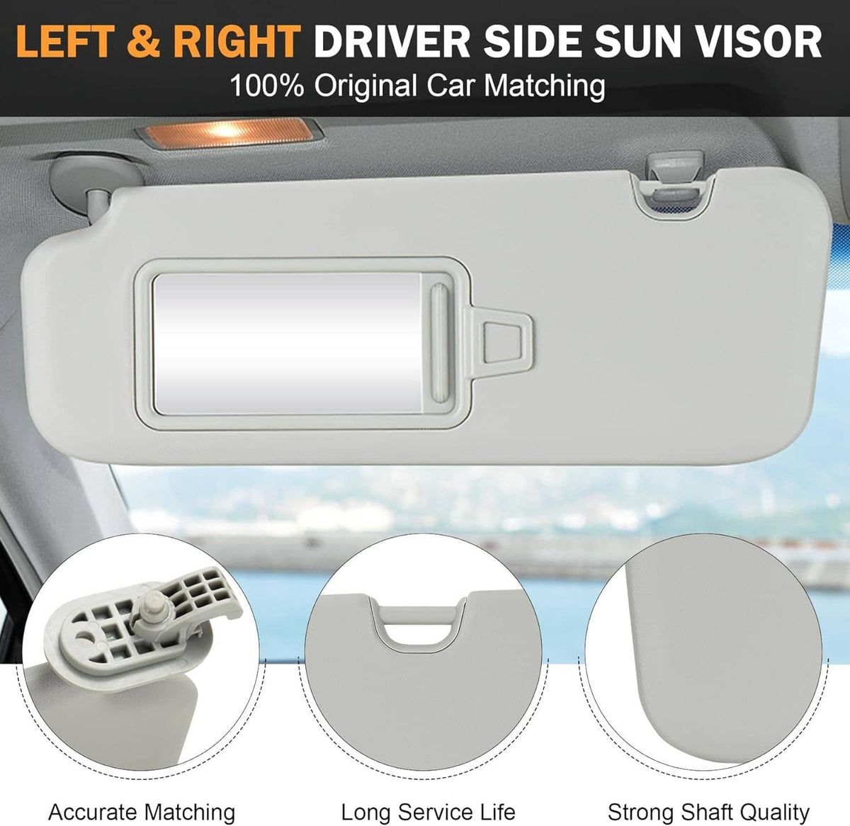 Left and right gray sun visors with mirror windows, matching design pair