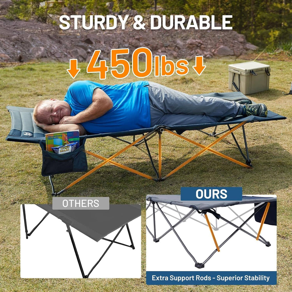 Extra-wide camping cot with gray sleeping surface, blue side rails, and black steel legs