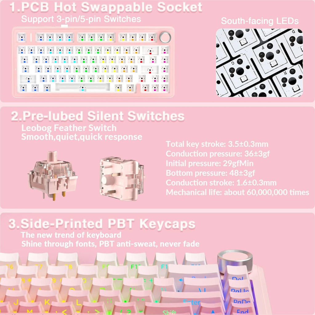 Mechanical keyboard switch and keycap detail with hot-swappable socket layout