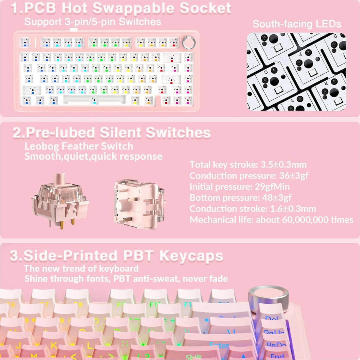 Mechanical keyboard switch and keycap detail with hot-swappable socket layout