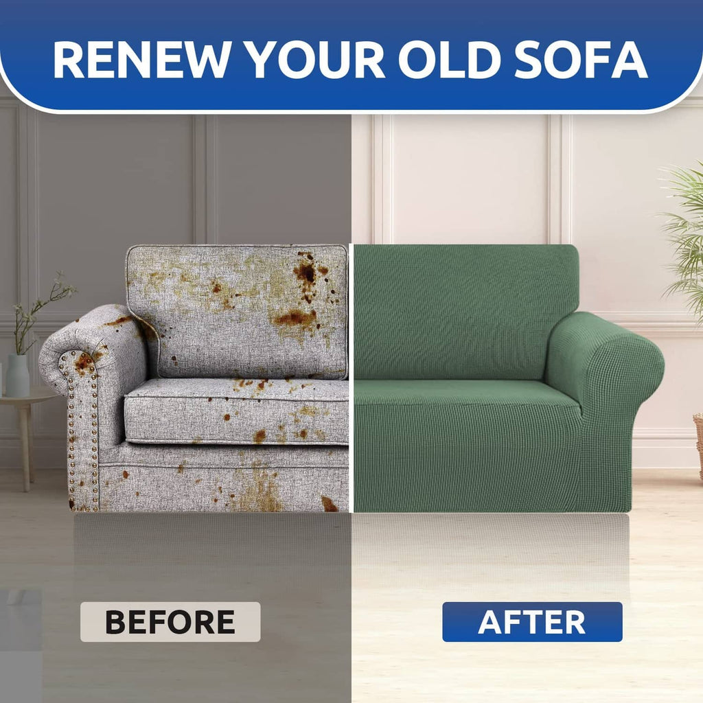 Greyish green loveseat sofa slipcover shown as the updated after sofa