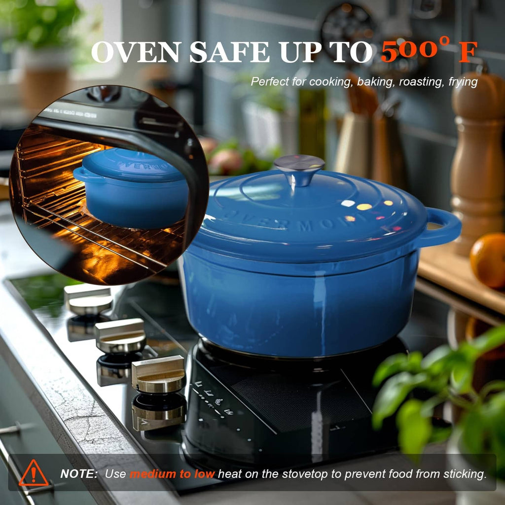 Overmont sapphire blue enameled cast iron Dutch oven with lid on stovetop