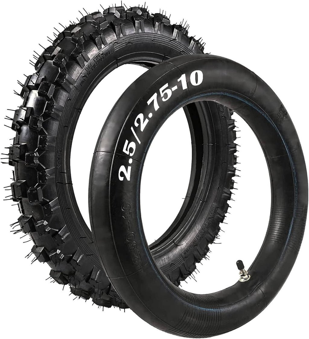 Pair of black knobby off-road dirt bike tires with inner tube, size 2.5-10