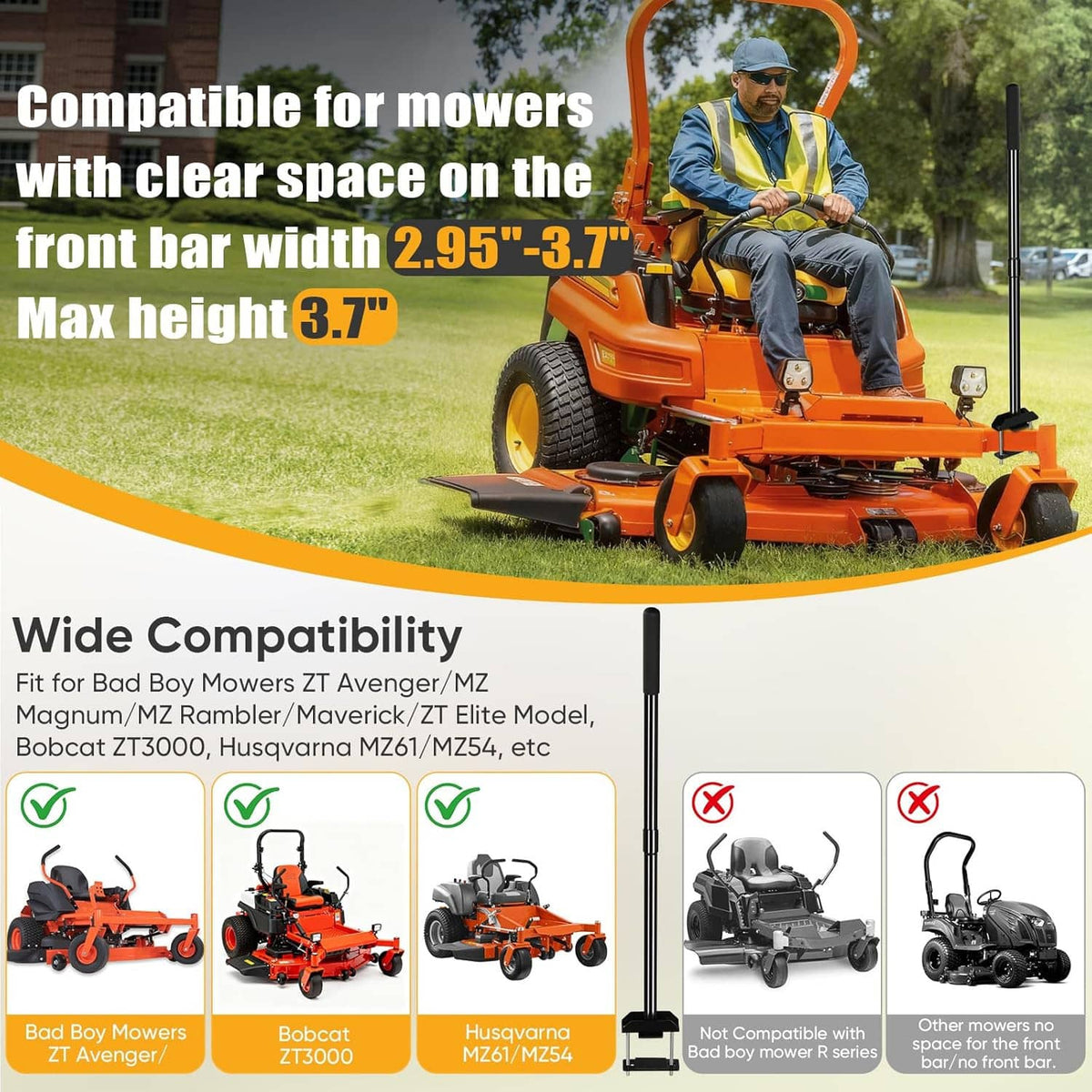 Adjustable mower assist handle bar mounted near the front of a zero-turn mower