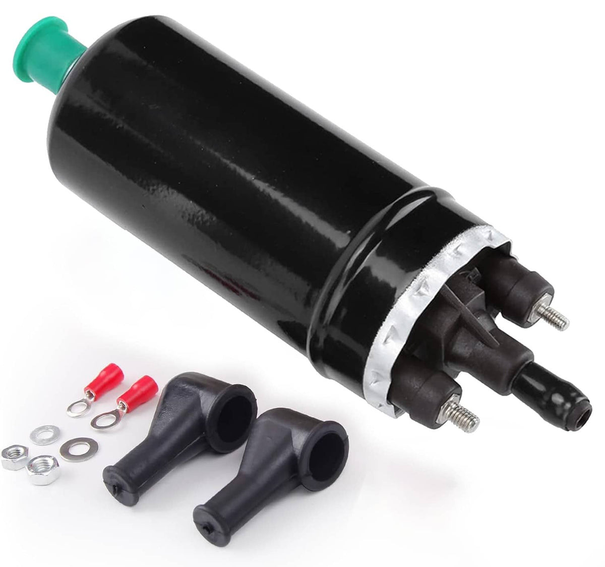 Inline electric fuel pump with black cylinder, green inlet, and dual outlet fittings
